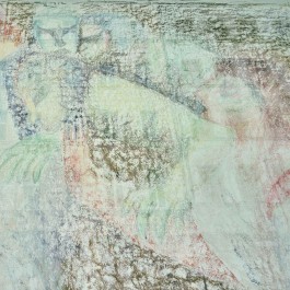 Ausschnitt aus dem Werk Noli me tangere – Rasterfahndung, Kreidezeichnung an der Wand. Der Ausschnitt zeigt mehrere menschliche Köpfe, Hände und Arme, schemenhaft in pastellfarbener Kreide gezeichnet. Die Farben sind pastellig gedeckte Grün- und Erdtöne. Flächiger Farbauftrag ohne klare Linien oder Kanten. Die Köpfe recken sich nach links oben, als wollten die Personen alle auf eine bestimmte Stelle schauen. 