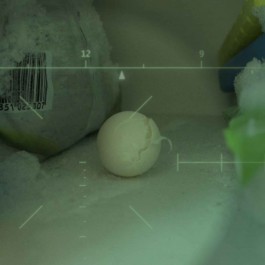 Ausschnitt aus einem Filmstill aus dem Film Wechseljahre: Aufnahmeansicht einer Videokamera im Nachtmodus mit eingeblendeten Einstellungsparametern. In einer Ecke zwischen Wand und verschiedenen nicht erkennbaren, leicht mit Schnee bedeckten Dingen, vielleicht ein Sack Blumenerde auf der einen Seite, vielleicht in Stapel Sitzkissen auf der anderen Seite, liegt ein erstaunlich rundes Ei, das schon einen recht breiten, gezackten Riss aufweist. Im Film stellt sich heraus, dass es sich um ein Tiefkühlfach handelt. 