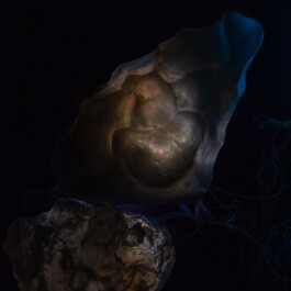 Nahaufnahme von zwei beleuchteten Glasobjekten vor schwarzem Hintergrund. Glas? Eher meint man einen behauenen Stein, oder gegossenes Metall zu sehen. Die Beleuchtung lässt die Oberfläche der Objekte bronze- bis blaufarben aufleuchten und das Licht- und Schattenspiel lässt jede Krümmung der Oberfläche der Objekte klar hervortreten. 